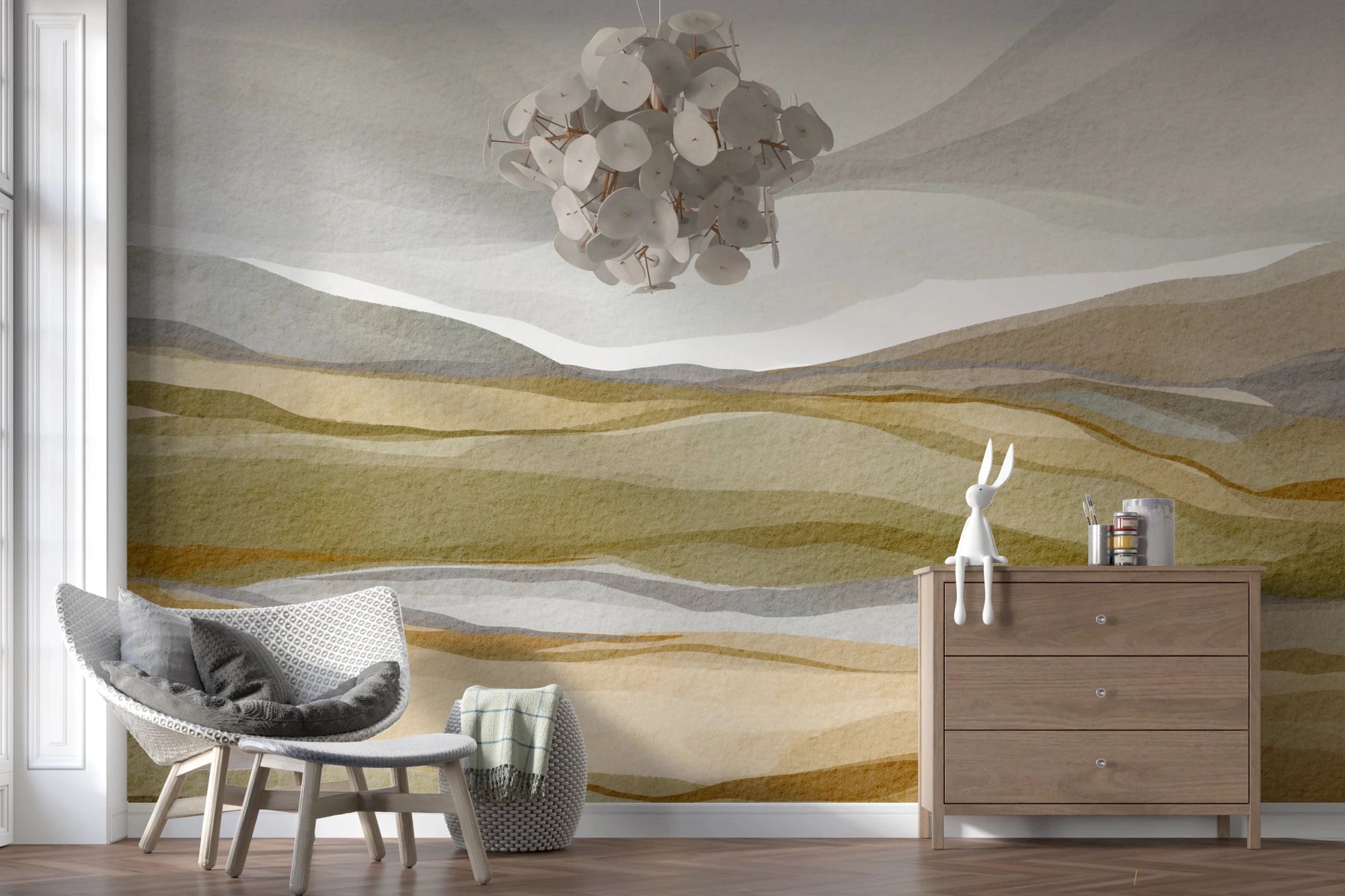 Warm tan and olive green watercolor horizon mural., GD8471