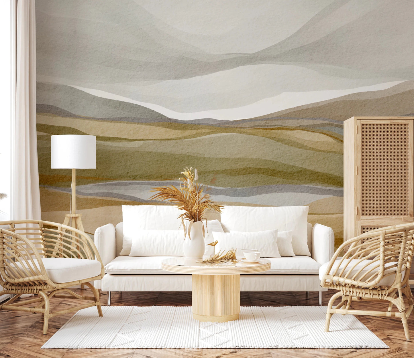 Natural earthy tones in a watercolor horizon mural., GD8471