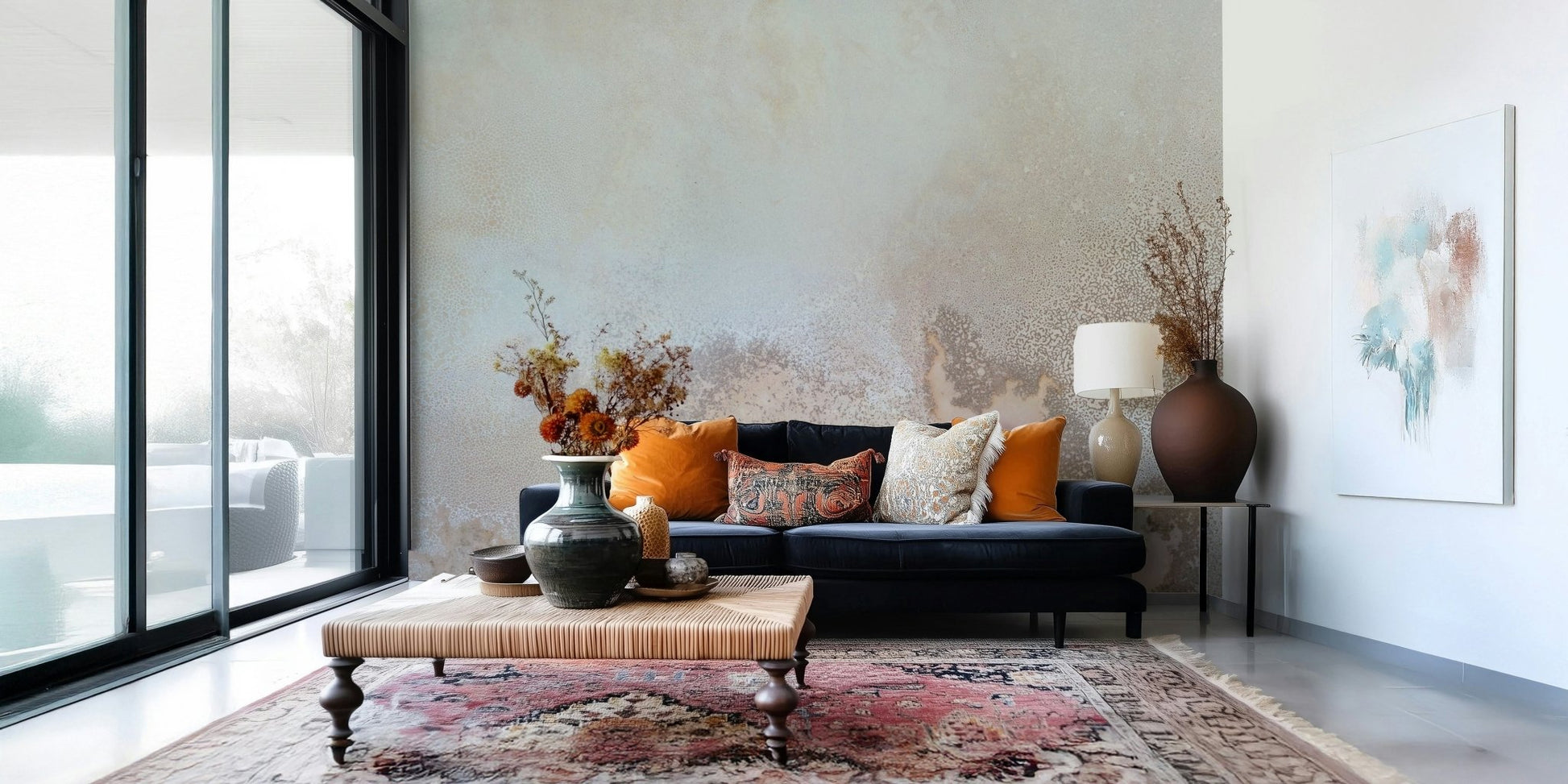 An artistic natural abstraction mural on minimalist wallpaper.