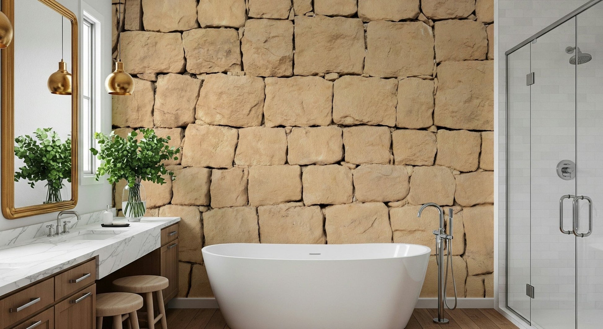 Neutral furniture styled against the soothing Earthen Wall wallpaper.