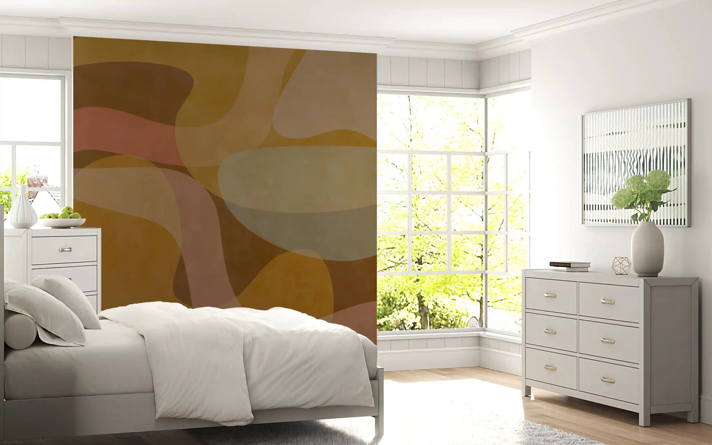 Bedroom space featuring Earthen Waves mural with earthy abstract movement, GD9289
