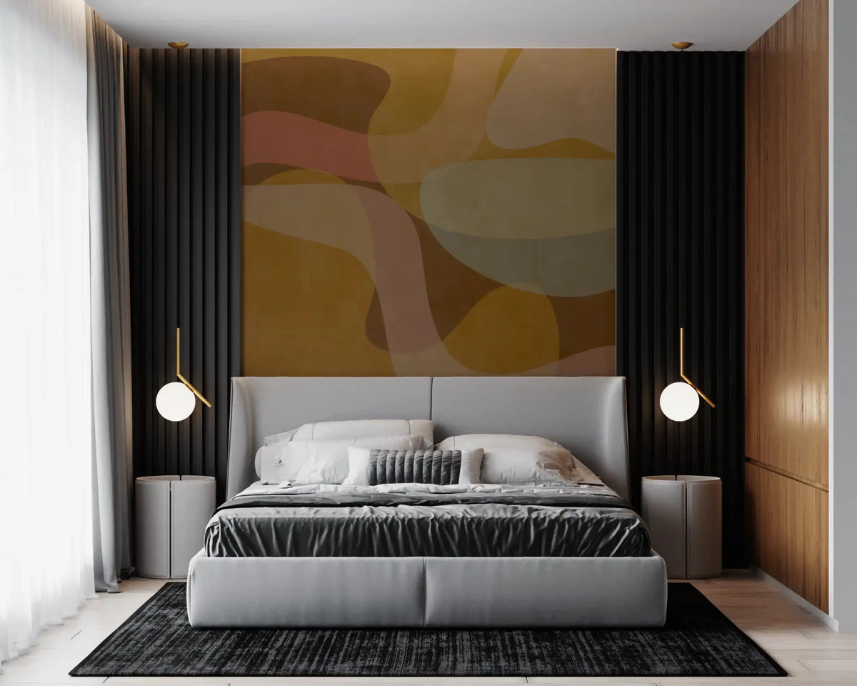 Bedroom wall in Earthen Waves mural with soft ochre flowing shapes, GD9289