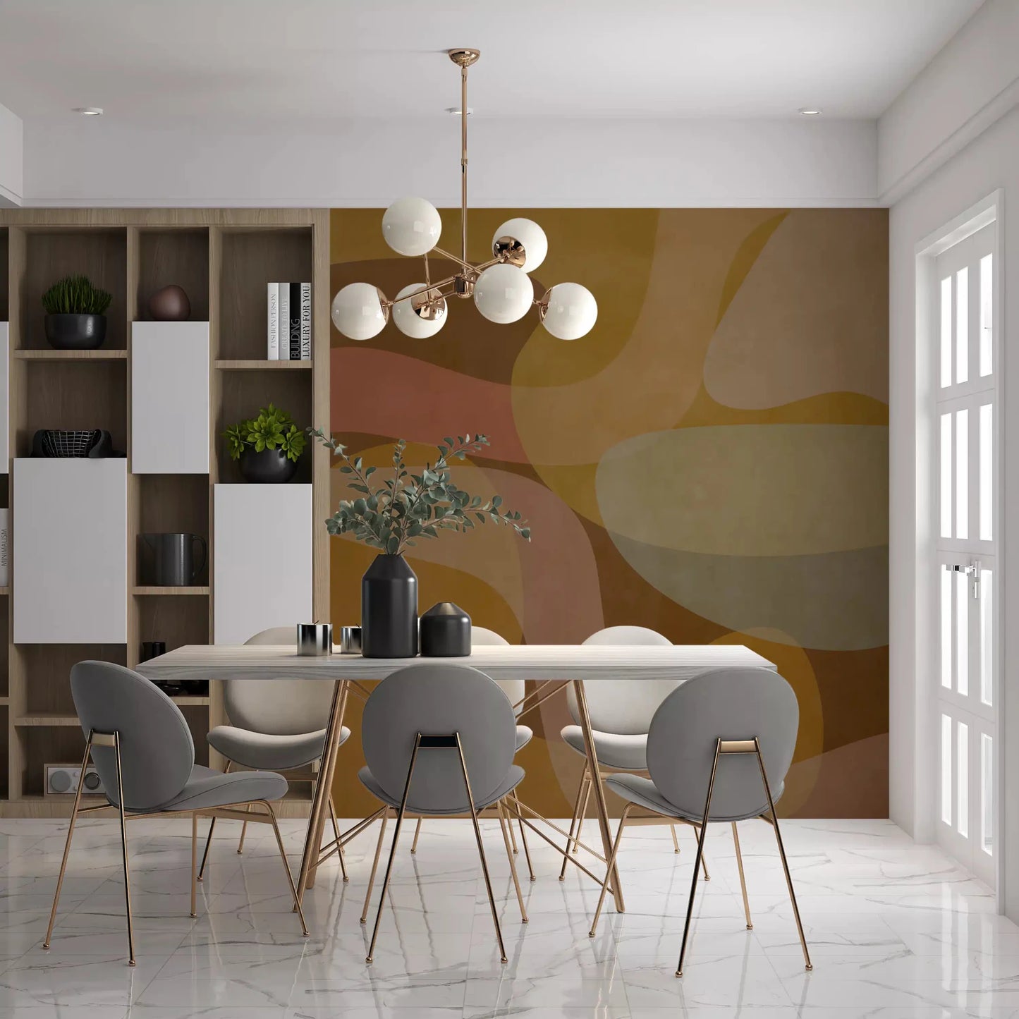 Abstract wall mural showing Earthen Waves in muted ochre and taupe, GD9289