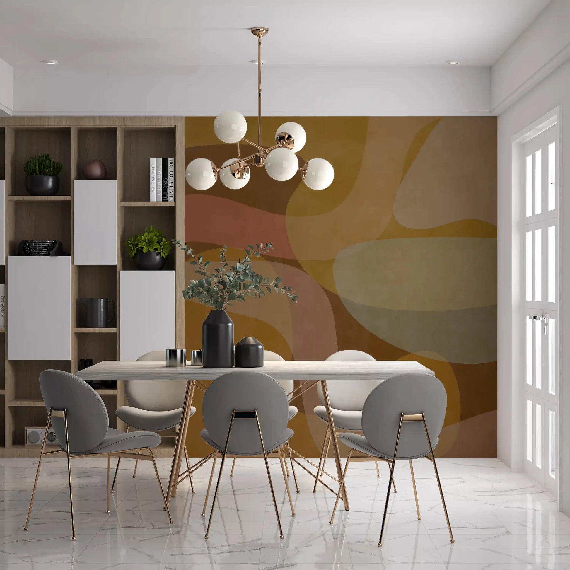 Abstract wall mural showing Earthen Waves in muted ochre and taupe, GD9289