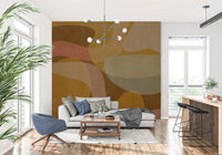 Living room with Earthen Waves wall mural in warm abstract earth tones, GD9289