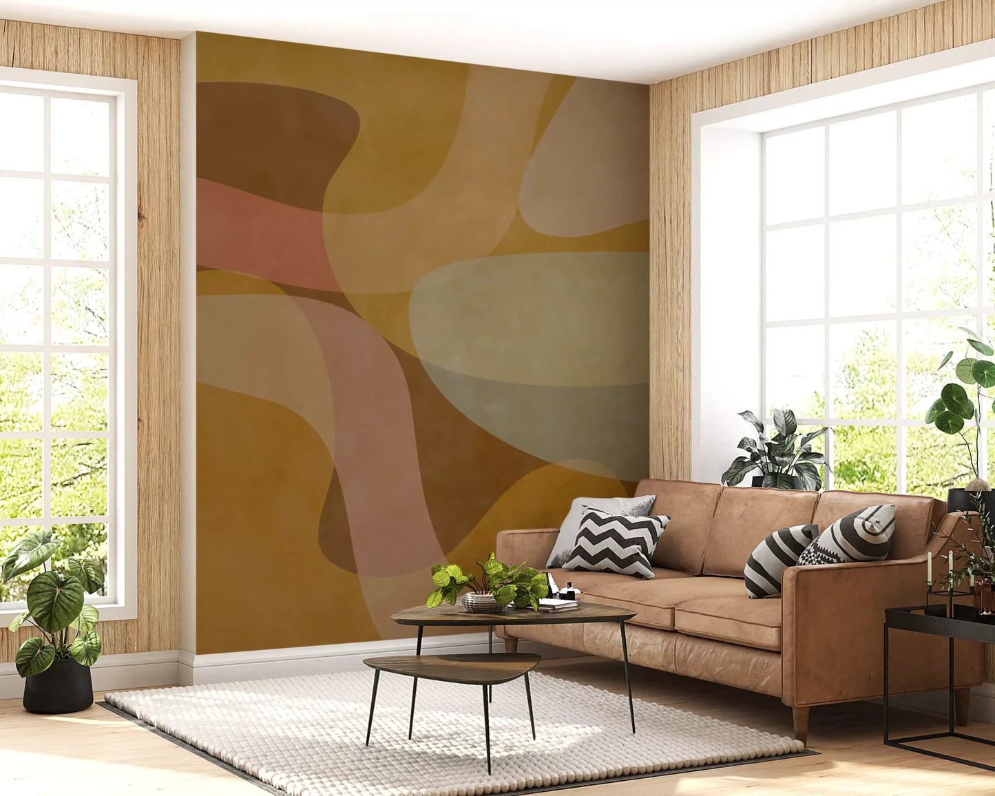 Modern abstract wall mural featuring Earthen Waves in soft layers, GD9289
