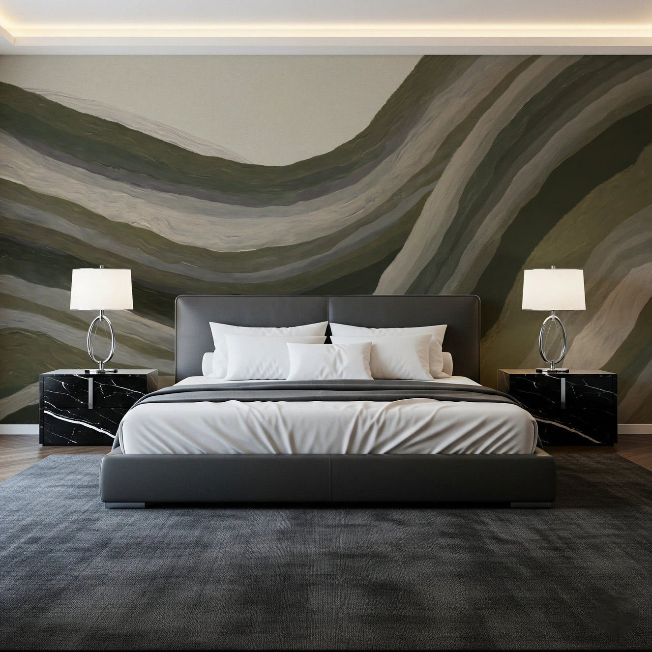 Bedroom styled in Textured Landscape wall mural soft flow