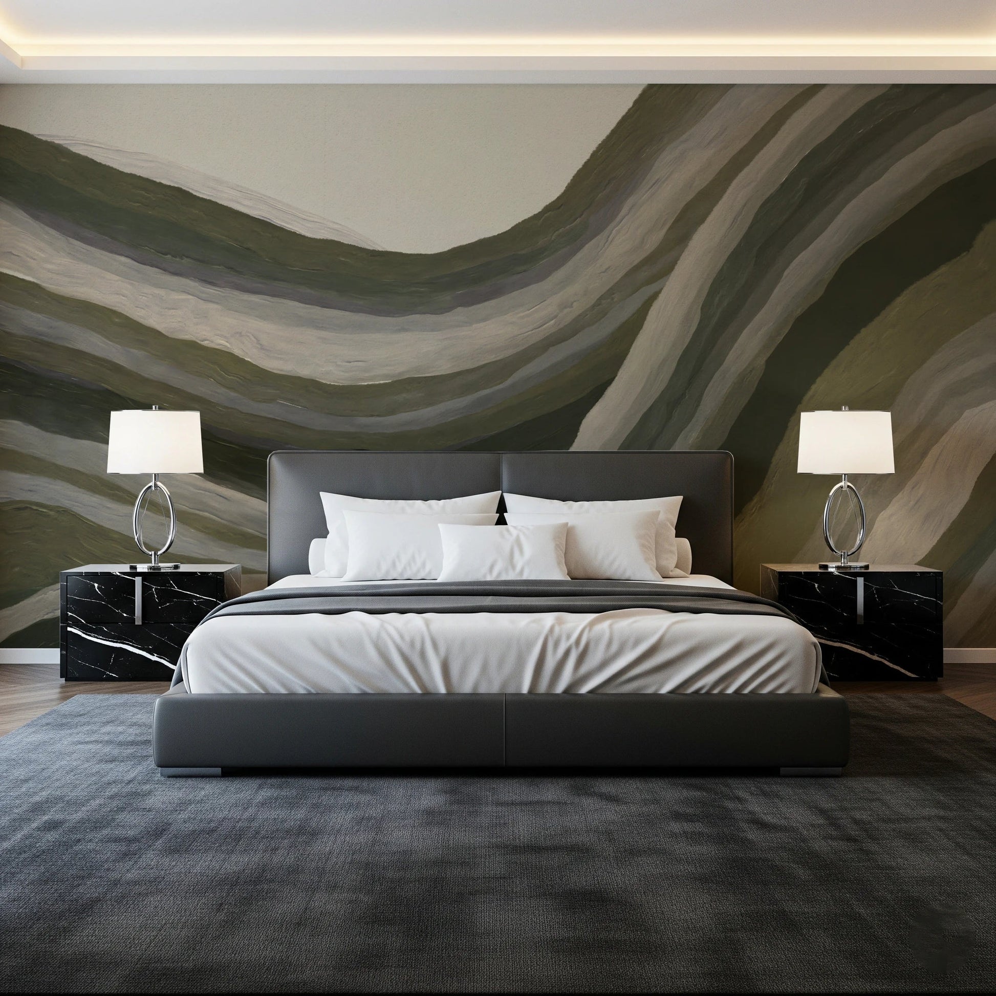 Bedroom styled in Textured Landscape wall mural soft flow, GD8740