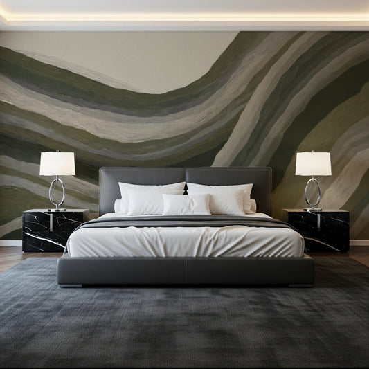 Bedroom styled in Textured Landscape wall mural soft flow
