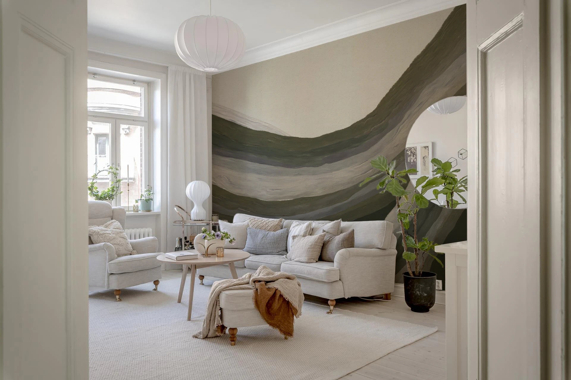 Hallway shows Earthy Abstract wall mural layered curves, GD8740