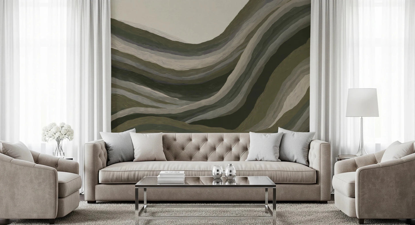 Living room with Earthy Abstract wall mural in olive waves, GD8740