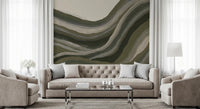Living room with Earthy Abstract wall mural in olive waves, GD8740