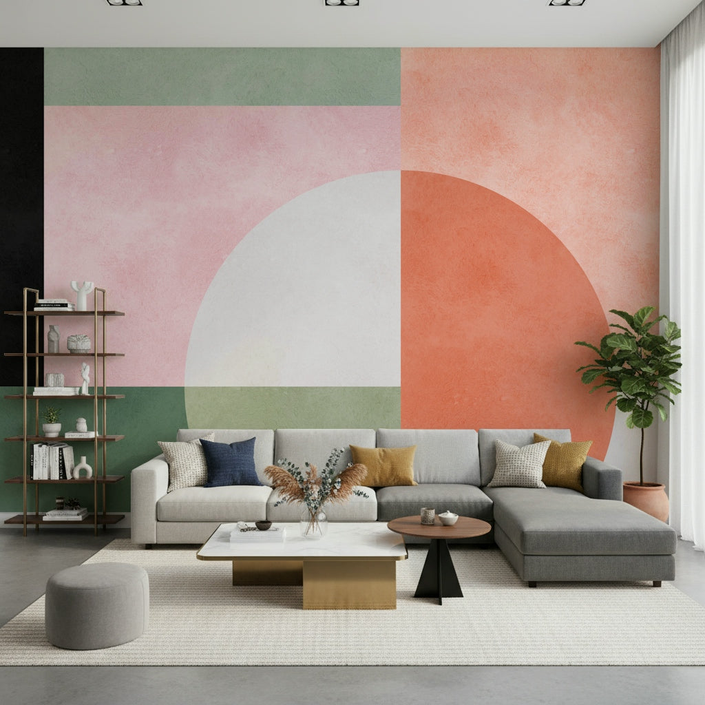 A peaceful geometric design mural on decorative wallpaper.

