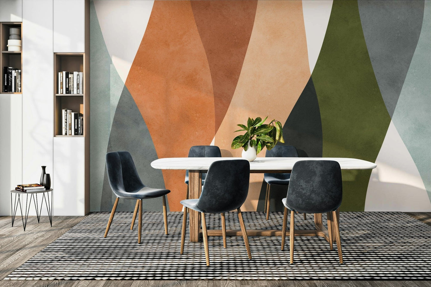 The colors are muted, including green, orange, and blue.

