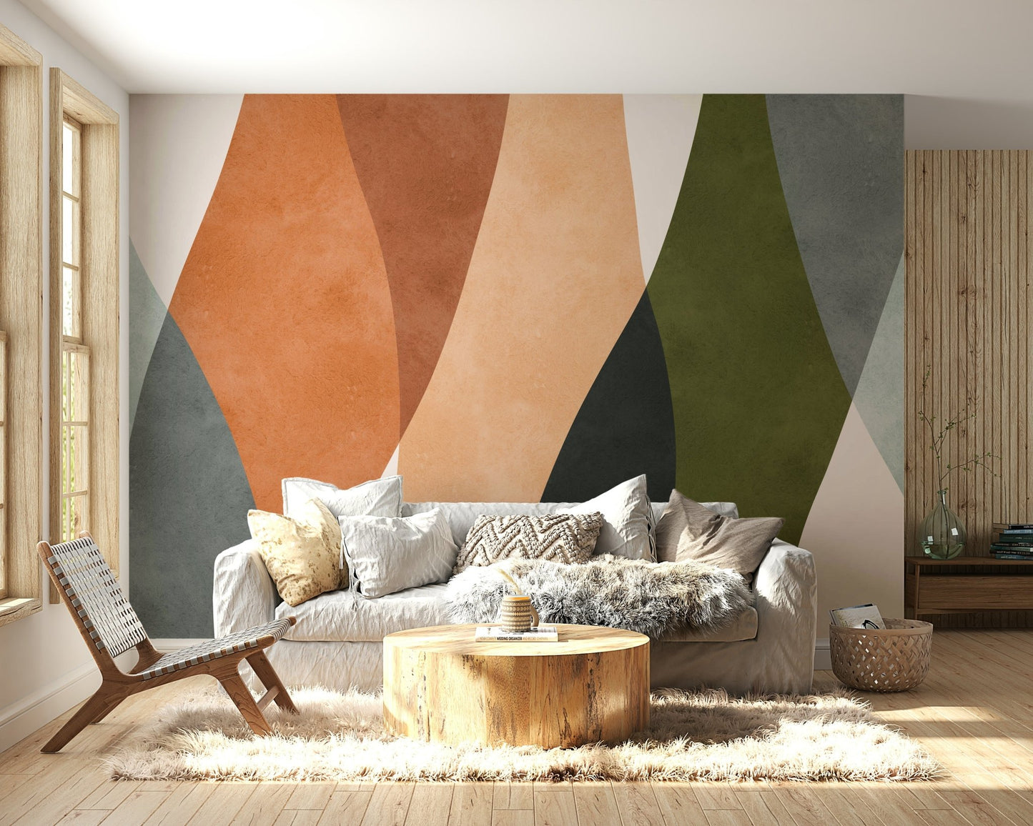 The room has neutral-colored furniture.

