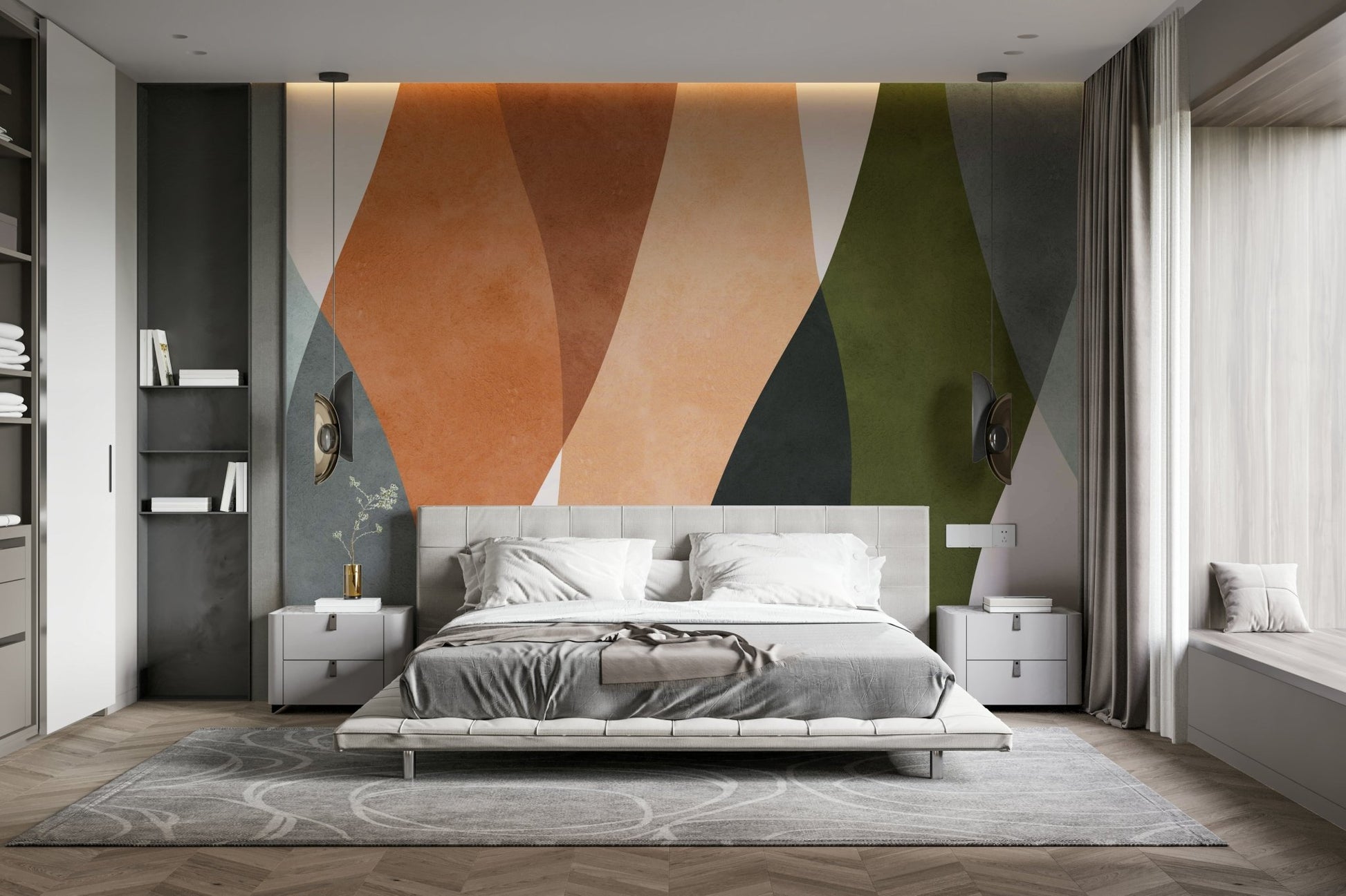 A sofa is placed in front of the mural.

