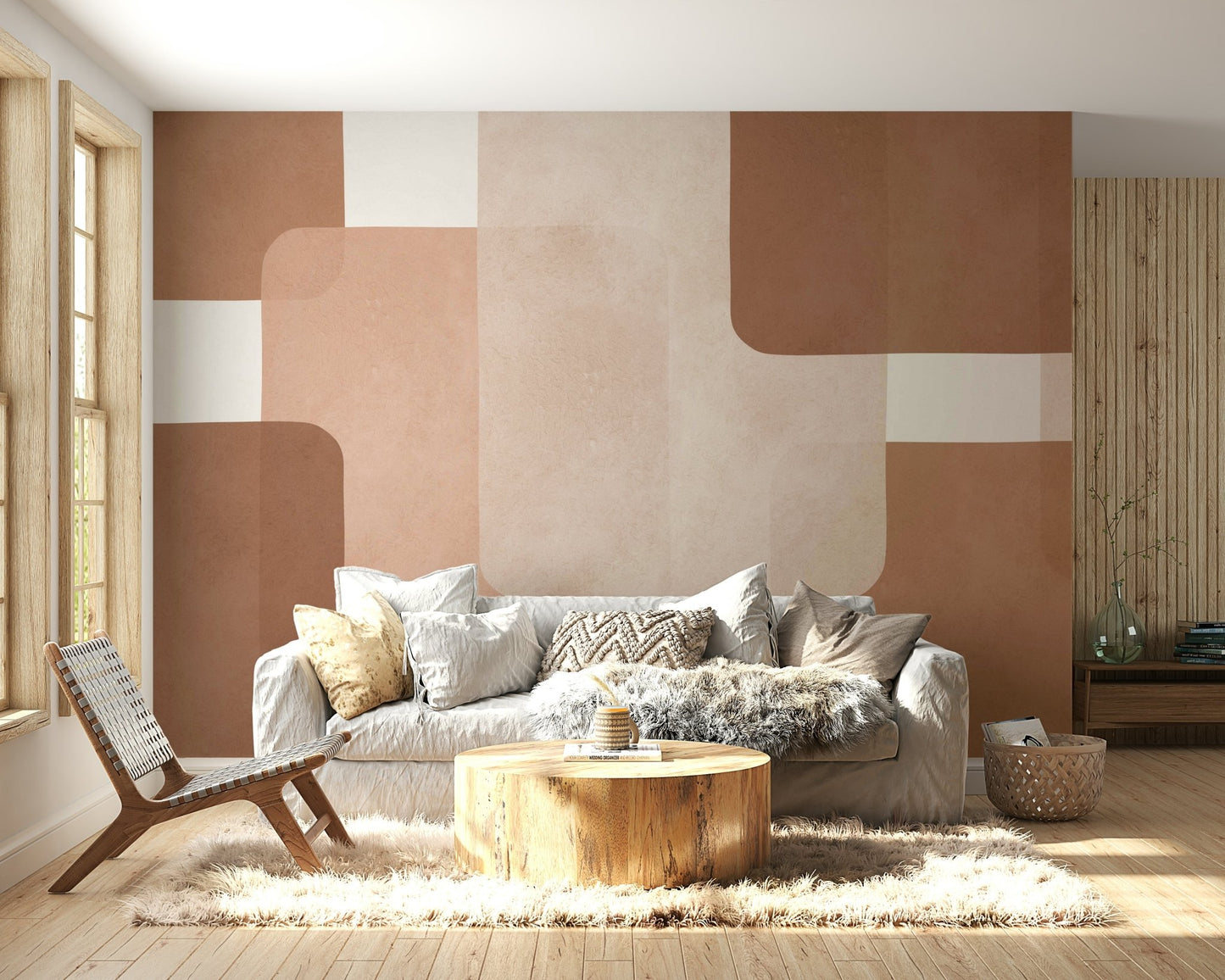 The colors are earthy tones like beige, brown, and soft green.

