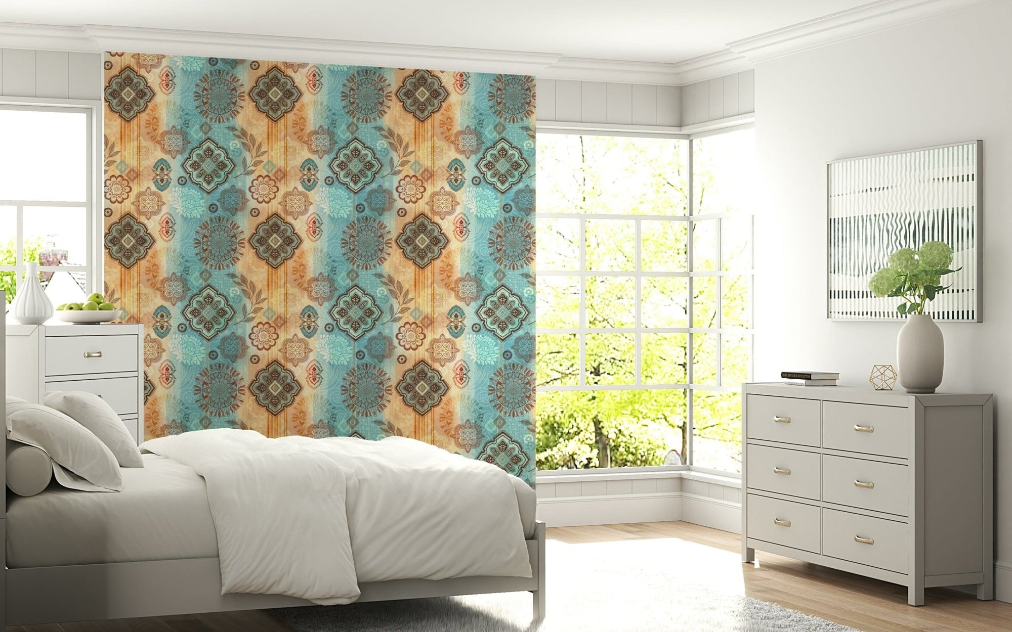 A beautiful abstract boho chic wallpaper mural in warm, earthen hues., GD5839