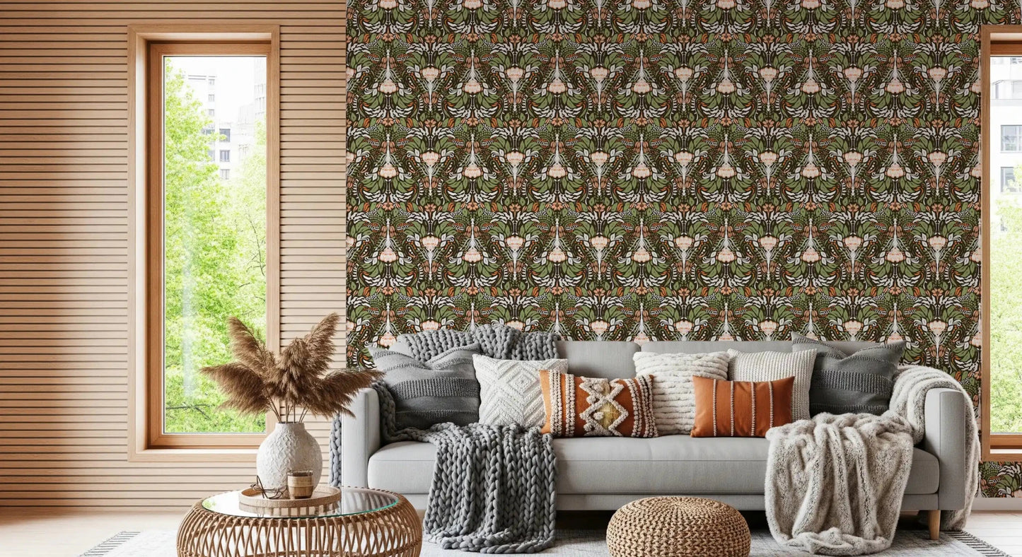 Olive leaves and peach buds curl across the earthy botanical wallpaper
⁠GD9506