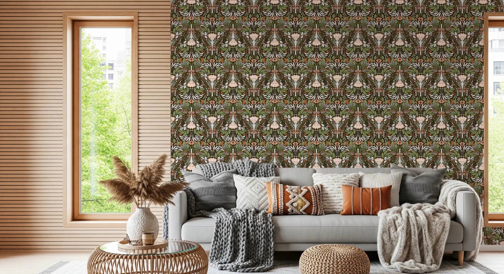 Olive leaves and peach buds curl across the earthy botanical wallpaper
⁠GD9506