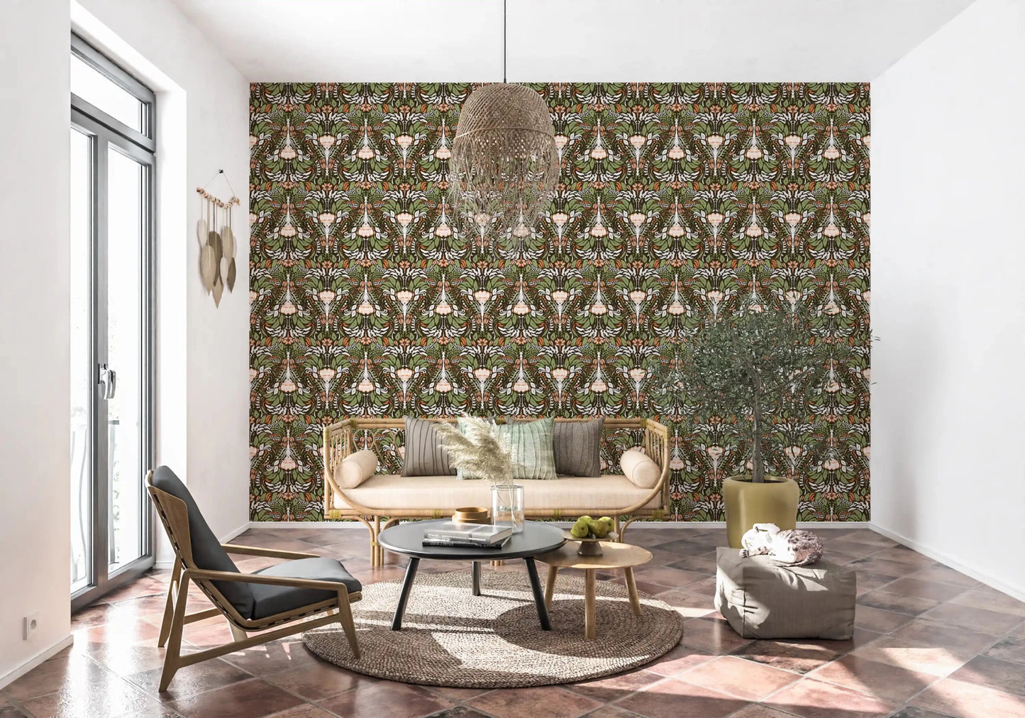 Hallway runs alongside the deep botanical floral wallpaper in calm symmetry⁠GD9506