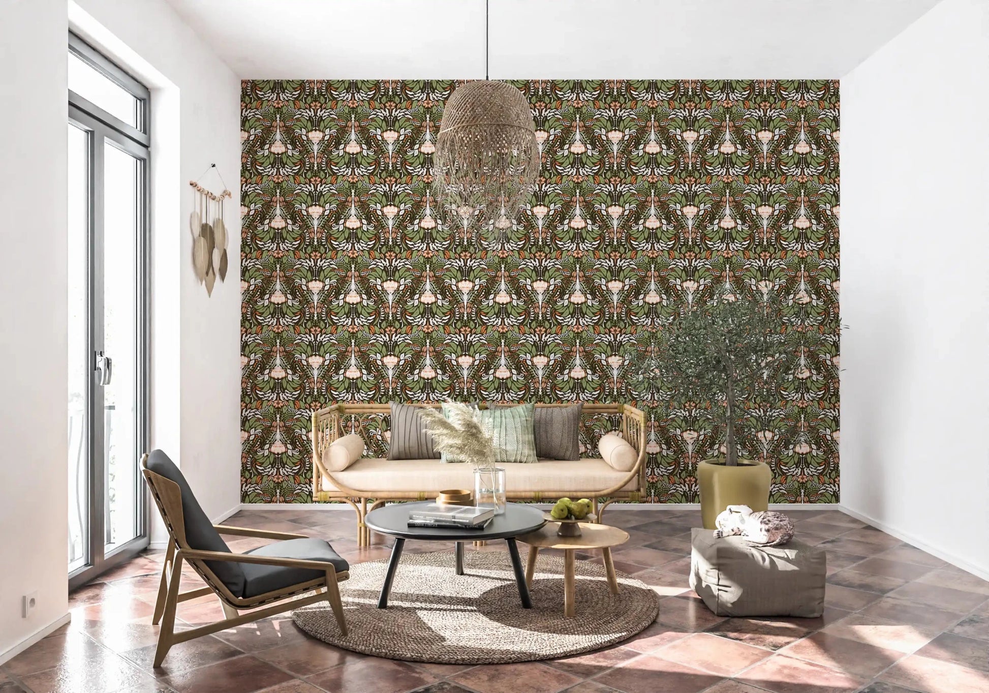 Hallway runs alongside the deep botanical floral wallpaper in calm symmetry⁠GD9506