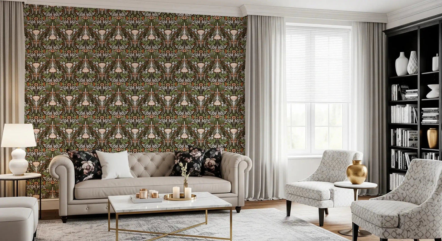 living room space  by the earthy floral damask wallpaper edge to edge
GD9506