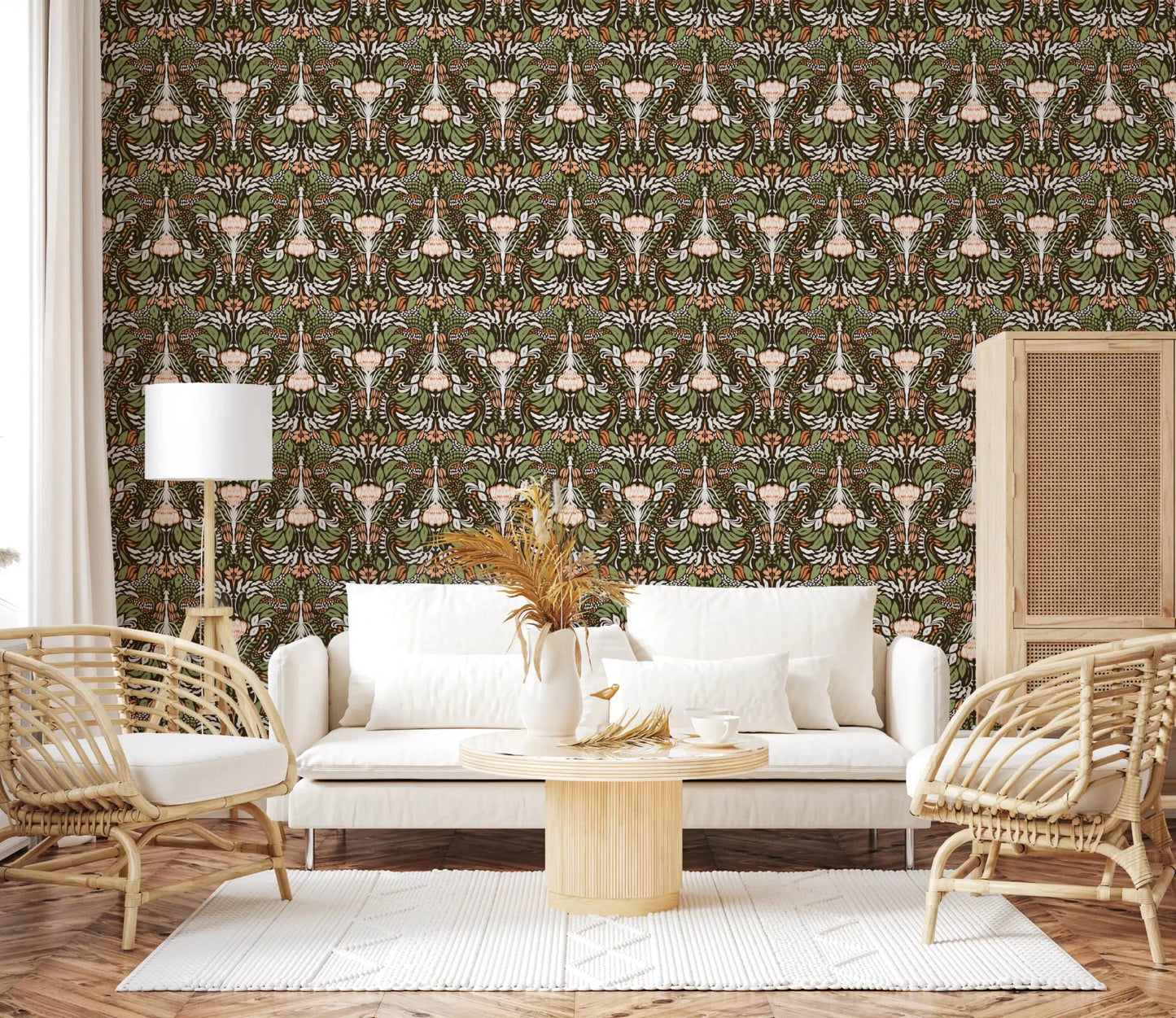 White blossoms anchor the mirrored damask layout on this floral wallpaper
GD9506
