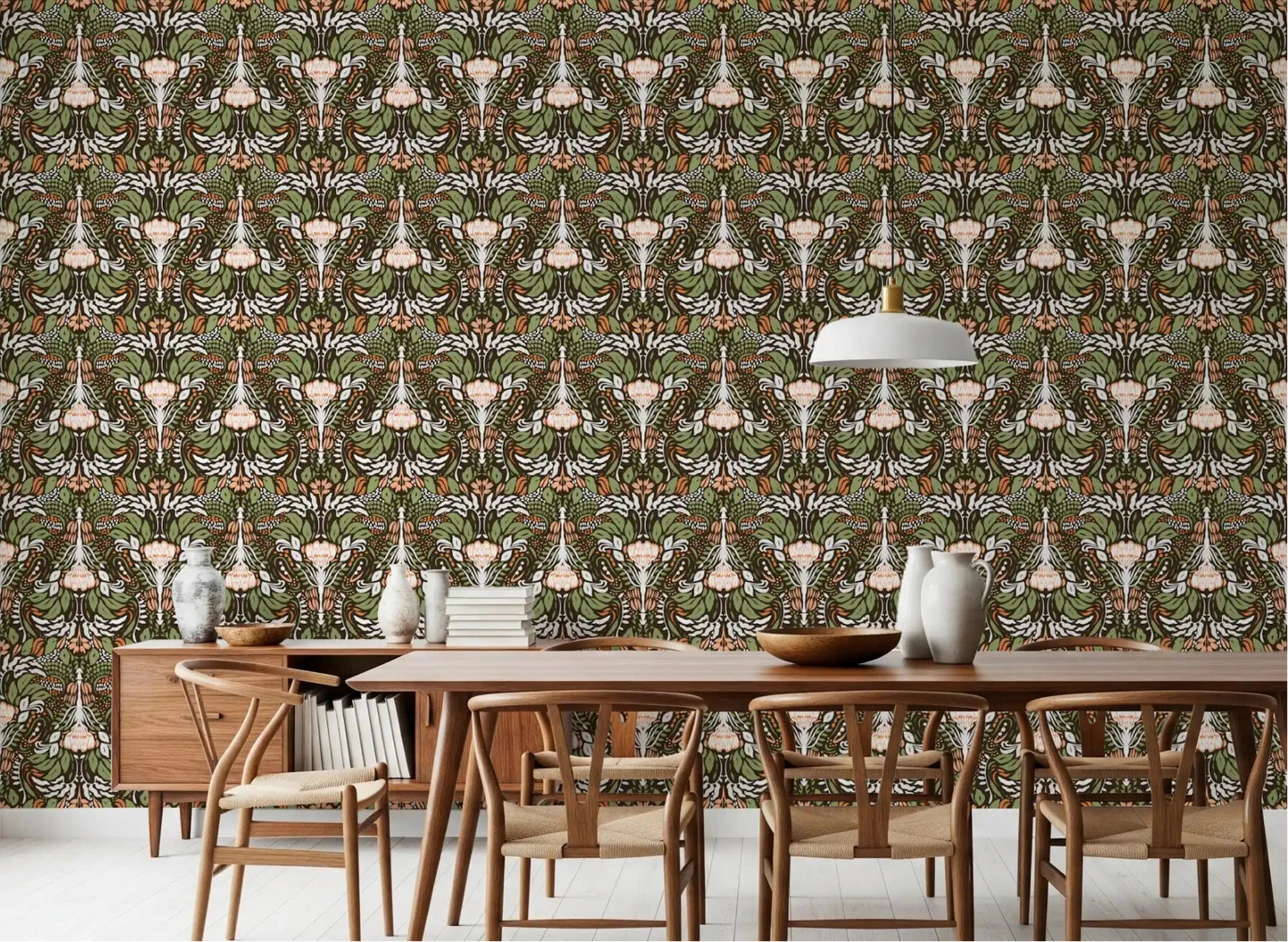 Dining room layered with the earthy botanical floral wallpaper top down
⁠GD9506