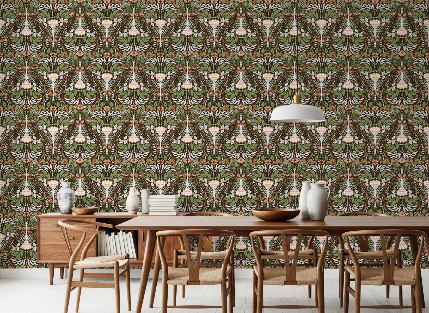 Dining room layered with the earthy botanical floral wallpaper top down
⁠GD9506