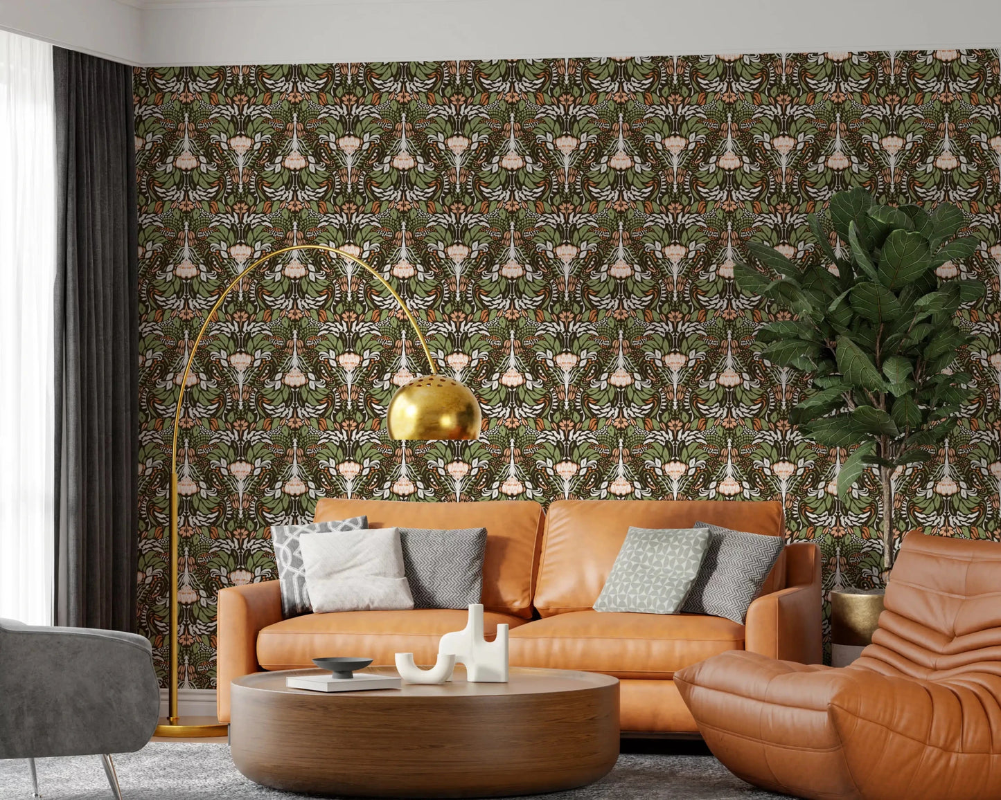 Lounge area holds dense olive-and-peach blossoms on this floral wallpaper
GD9506