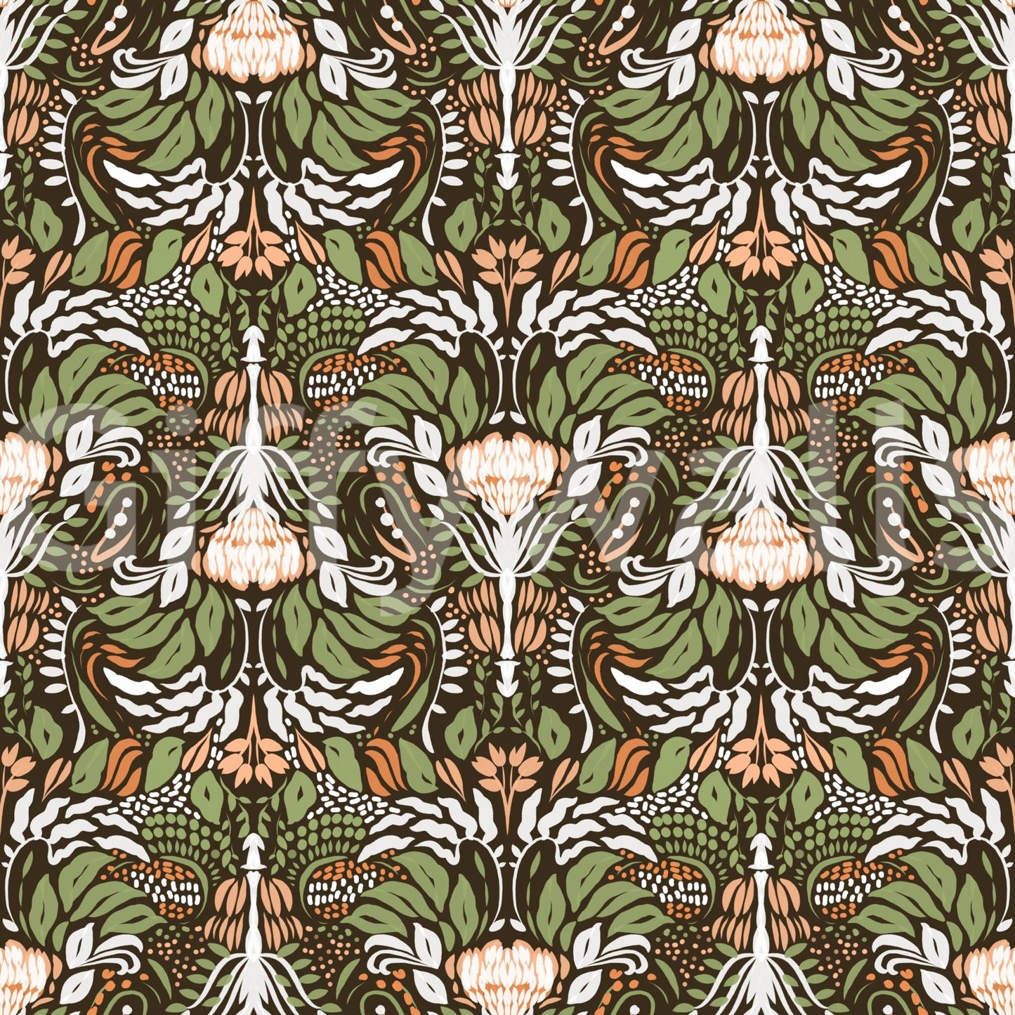 Deep brown ground holds soft peach and ivory tones across the floral wallpaperGD9506