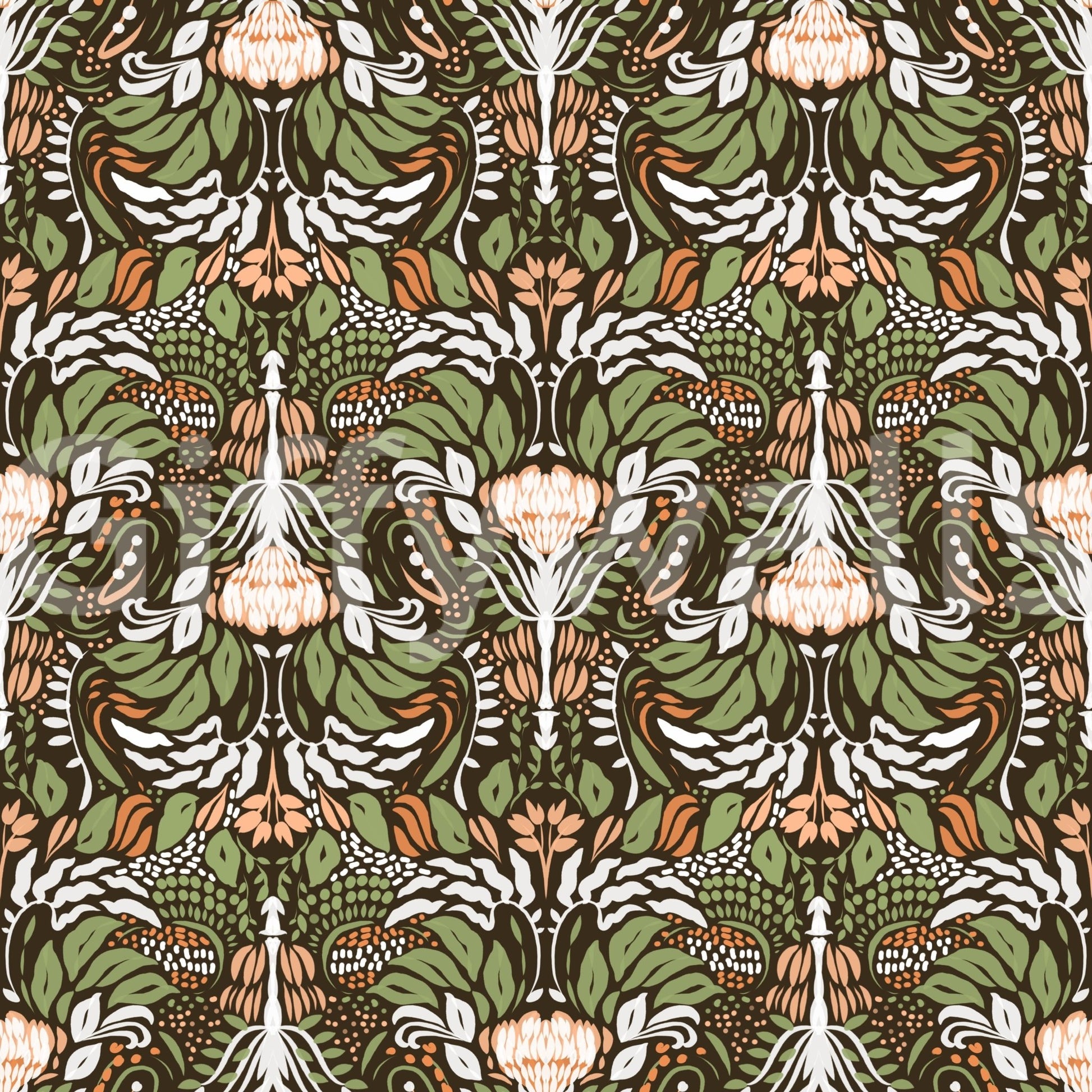 Deep brown ground holds soft peach and ivory tones across the floral wallpaperGD9506