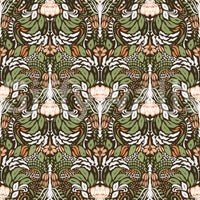 Deep brown ground holds soft peach and ivory tones across the floral wallpaperGD9506