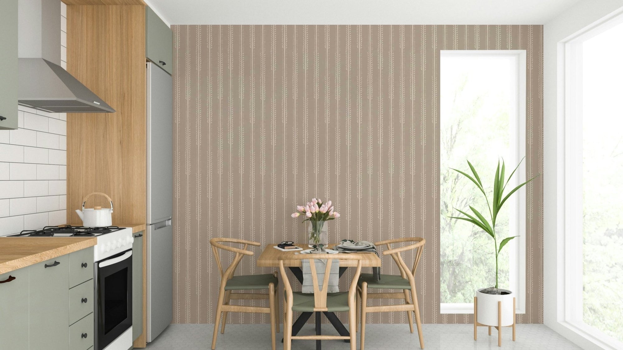 Earth-toned wallpaper with botanical stripe pattern, GD905