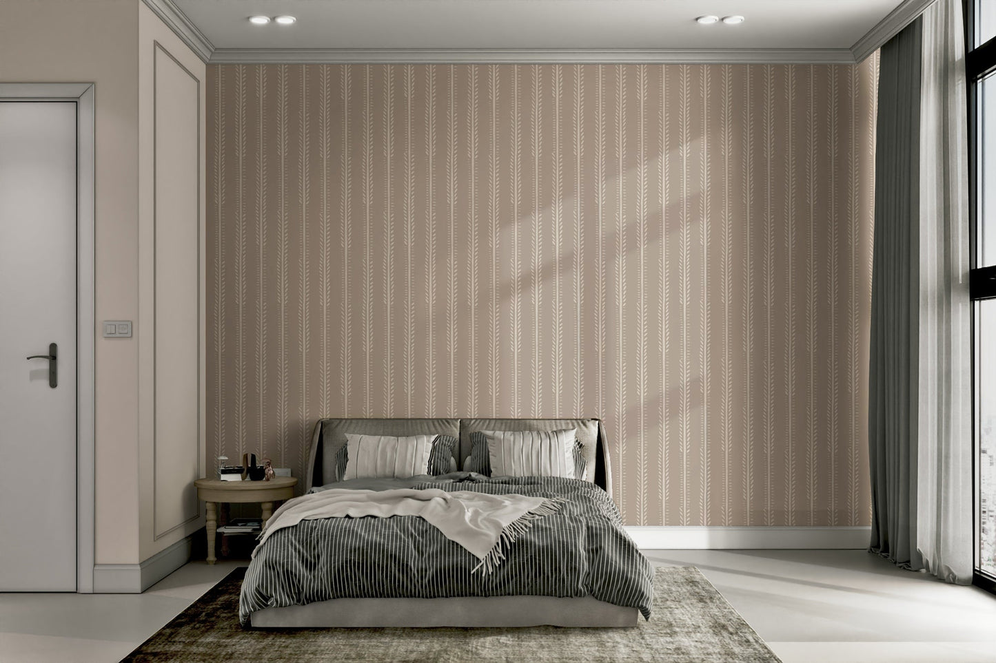 Botanical stripe mural in earthy natural tones

