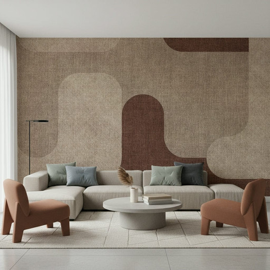 Living room styled with Earthy Curves wall mural in soft cocoa and sand block layers