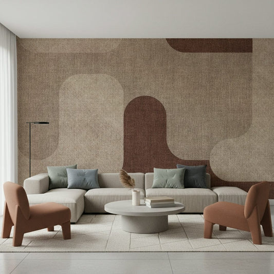 Living room styled with Earthy Curves wall mural in soft cocoa and sand block layers