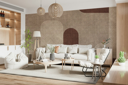 Hallway backdrop featuring curved earth-tone wall mural with textured block shapes