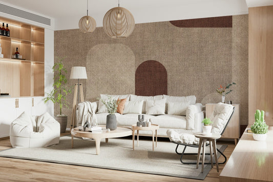 Hallway backdrop featuring curved earth-tone wall mural with textured block shapes