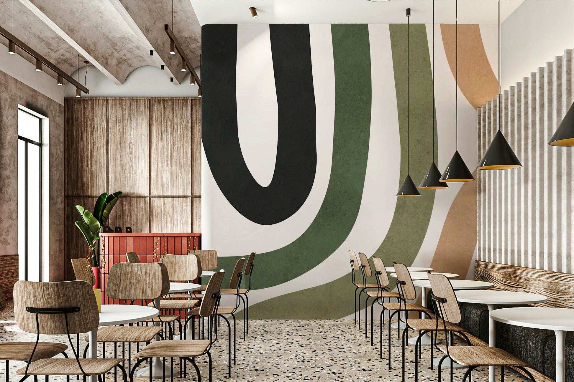 A detailed image of a wall mural with an abstract curved pattern.

