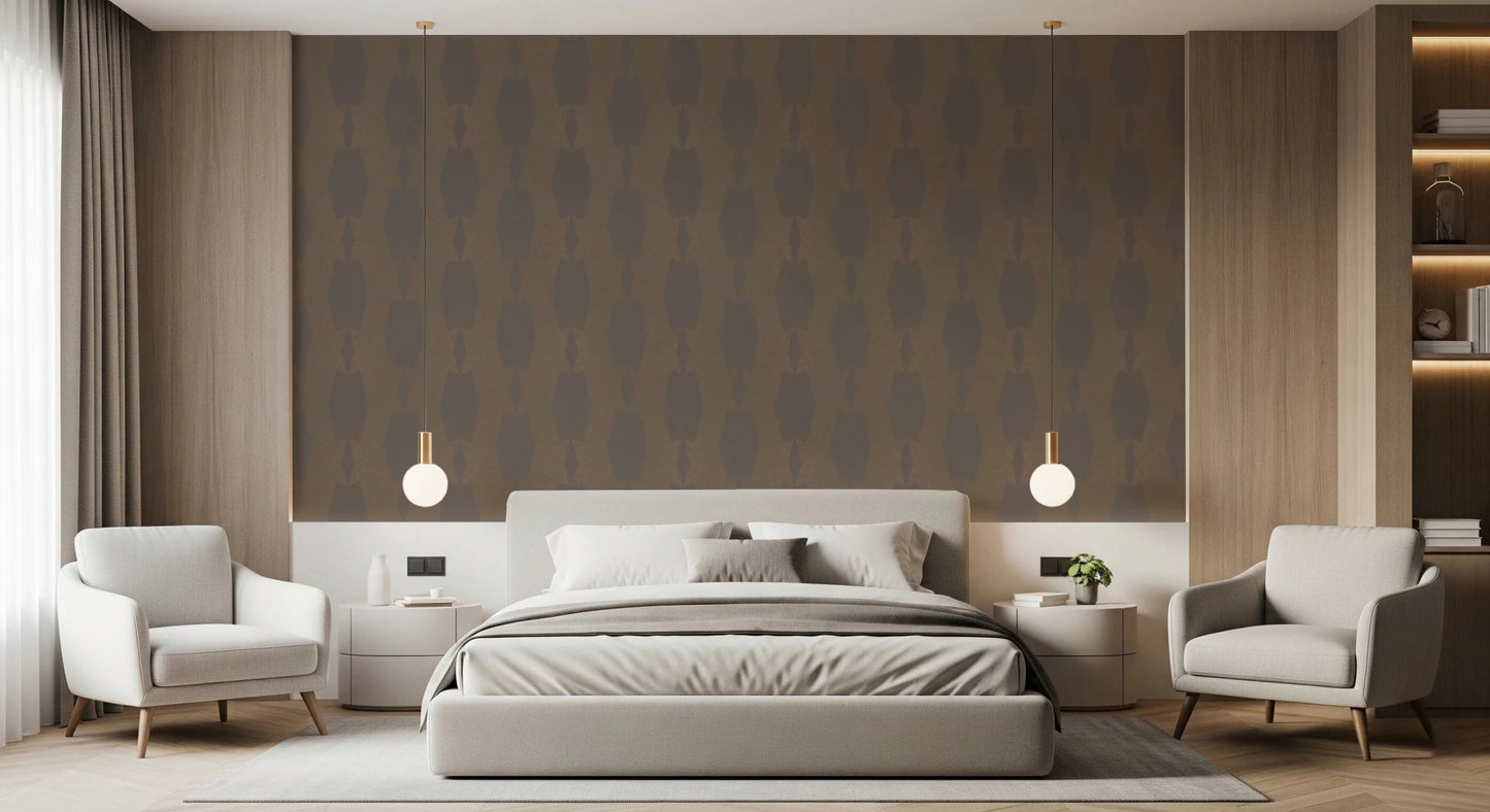 Textured brown wall mural featuring a bold hourglass design