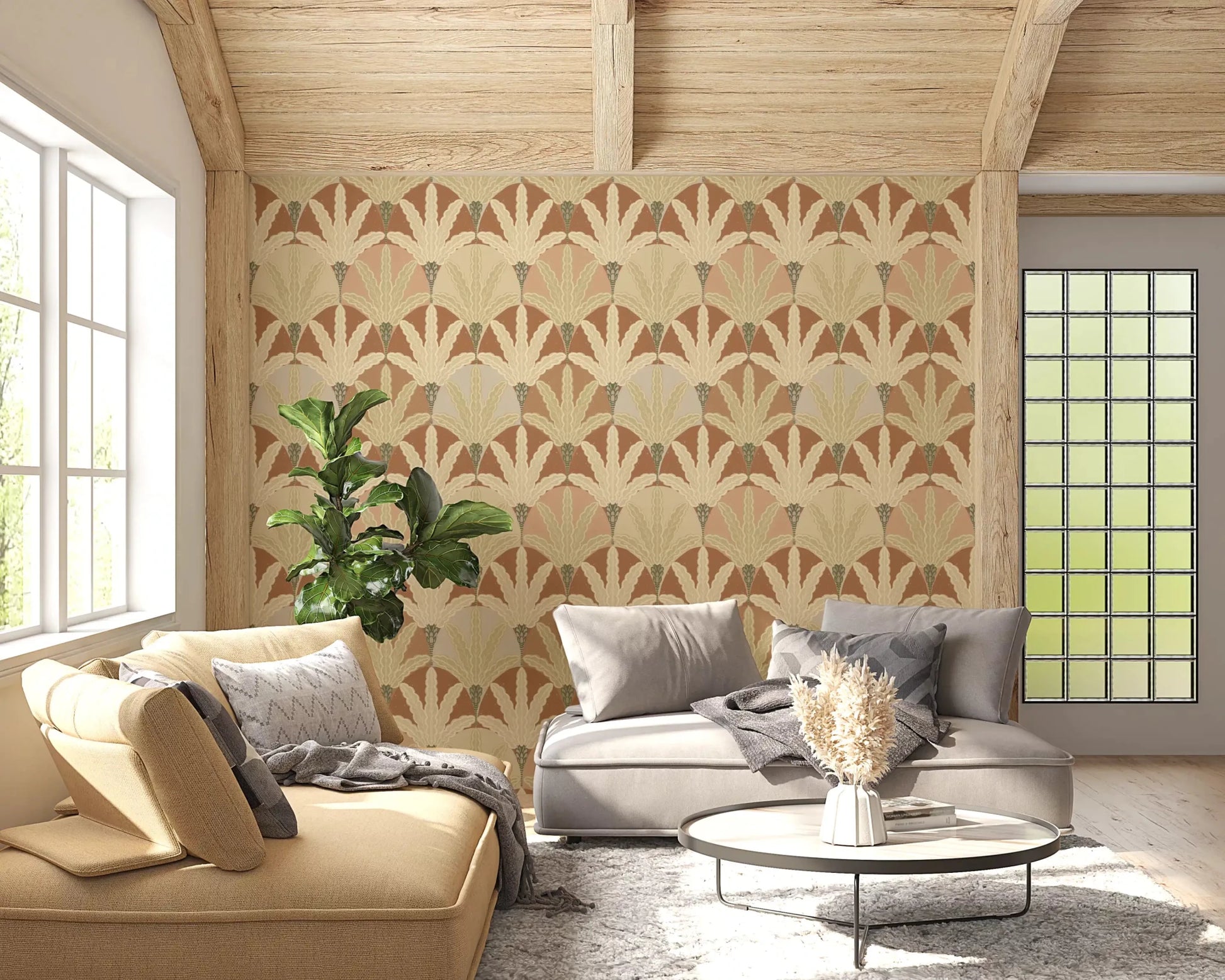 Living room setup using Earthy Fan Fronds wallpaper with structured leaves, GD9216