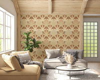 Living room setup using Earthy Fan Fronds wallpaper with structured leaves, GD9216