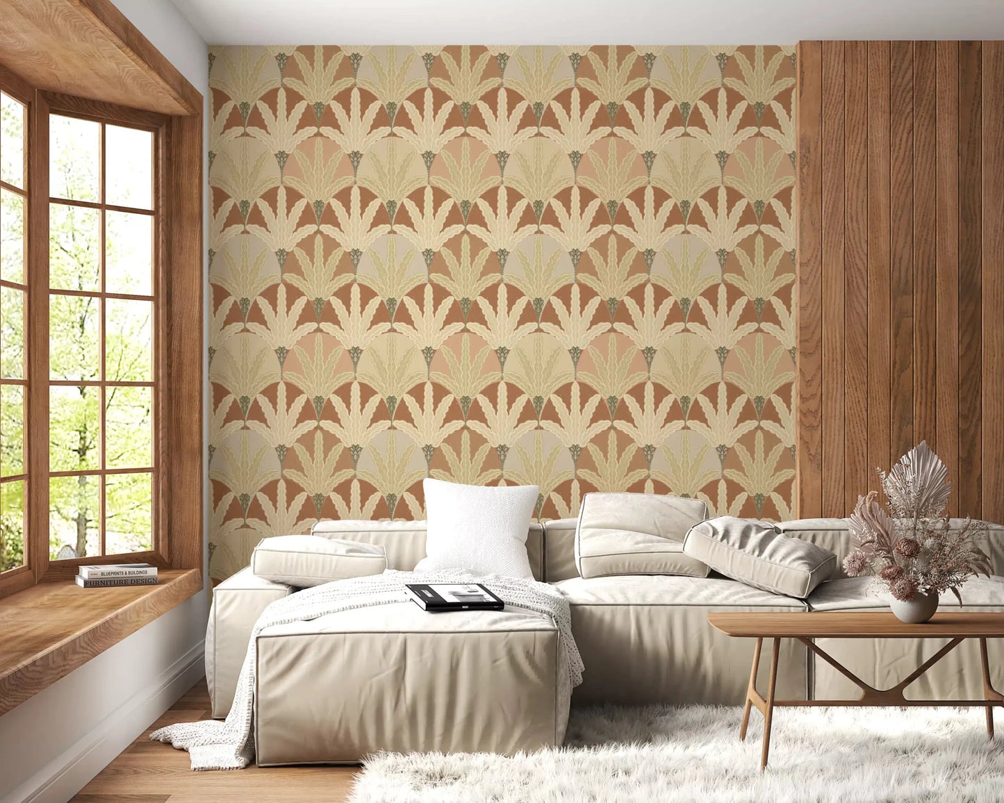 Hallway space with Earthy Fan Fronds wallpaper in earthy botanical tones, GD9216