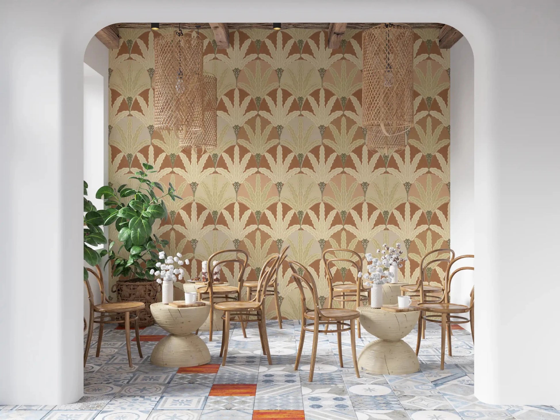 Botanical wallpaper with Earthy Fan Fronds in earthy brown tones, GD9216