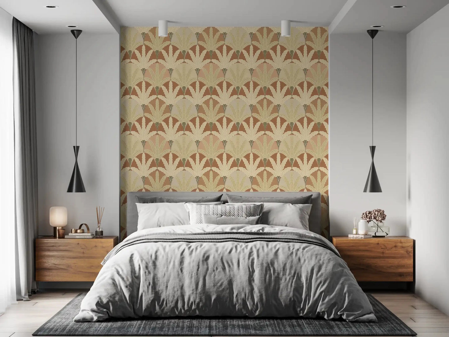 Warm beige wallpaper featuring Earthy Fan Fronds layered foliage design, GD9216