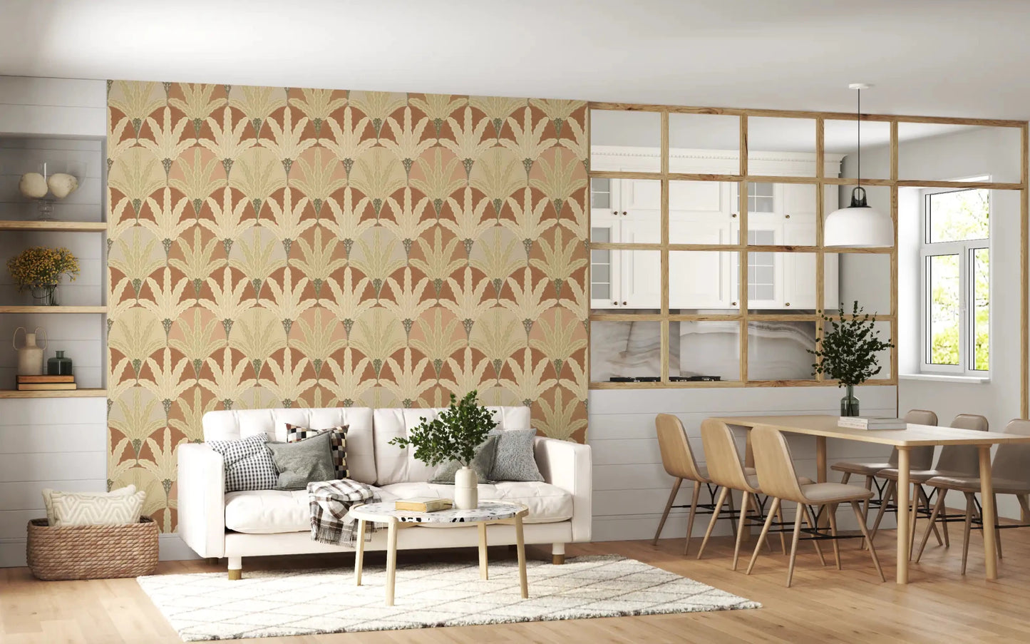 Earthy Fan Fronds wallpaper with repeating fan-shaped botanical pattern, GD9216