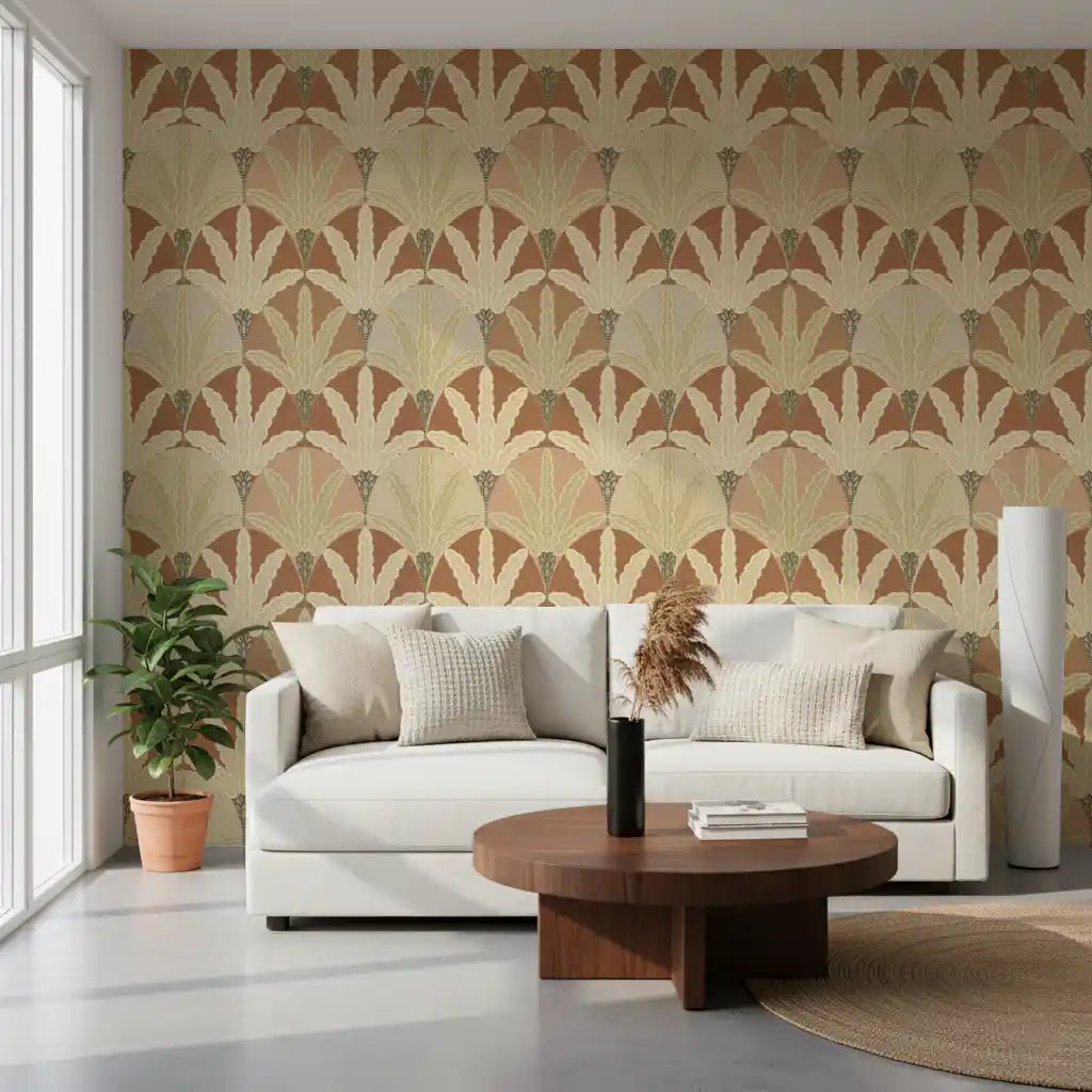 Living room styled with Earthy Fan Fronds wallpaper in warm beige foliage, GD9216