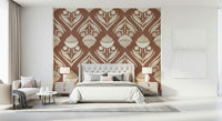 Stylized Earthy Floral Echo Wallpaper creates a cozy accent wall.